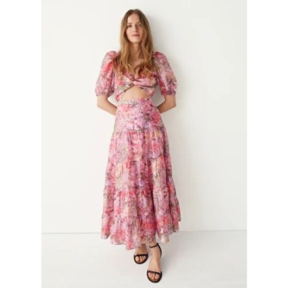 & Other Stories Floral Cutout Puff Sleeve Organza Midi Dress Pink Multi Small